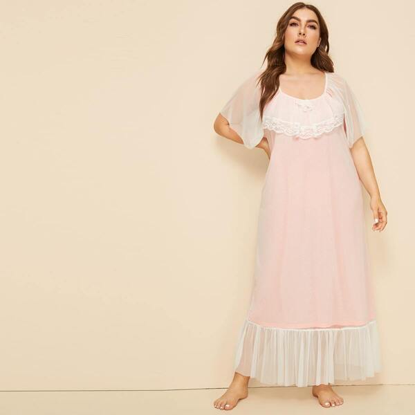 

Plus Lace Trim Flippy Hem Night Dress, Pink pastel