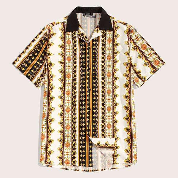 

Men Contrast Collar Tribal Print Shirt
