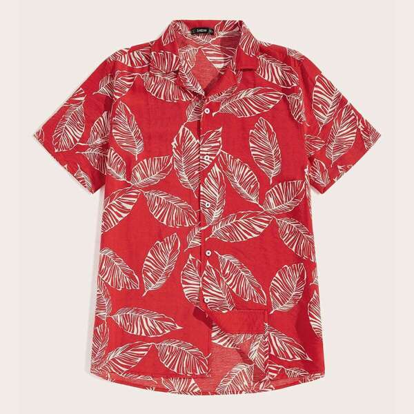 

Men Curved Hem Jungle Leaf Print Shirt