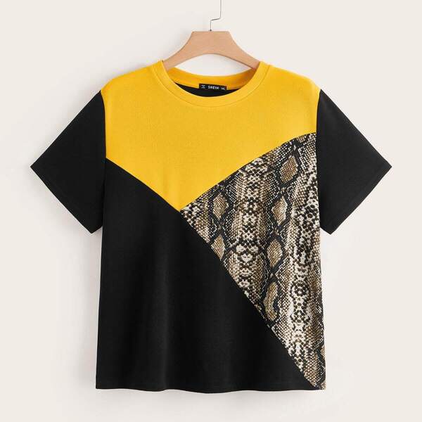 

Plus Cut-and-Sew Snakeskin Print Top, Multicolor