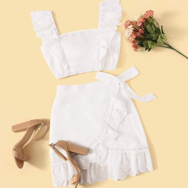 

Embroidery Eyelet Ruffle Shirred Top & Wrap Skirt Set, White