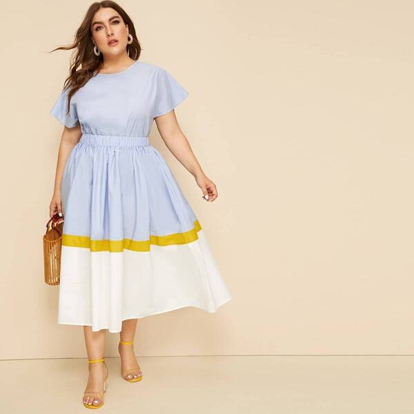 

Plus Solid Top & Colorblock Skirt Set, Multicolor