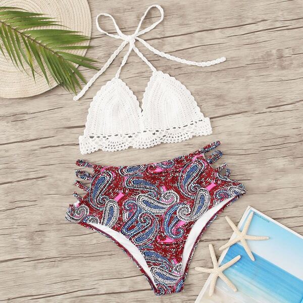 

Plus Crochet Halter Top With Paisley Bikini, Multicolor