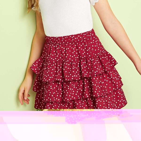 

Girls Layered Ruffle Hem Confetti Heart Print Skirt