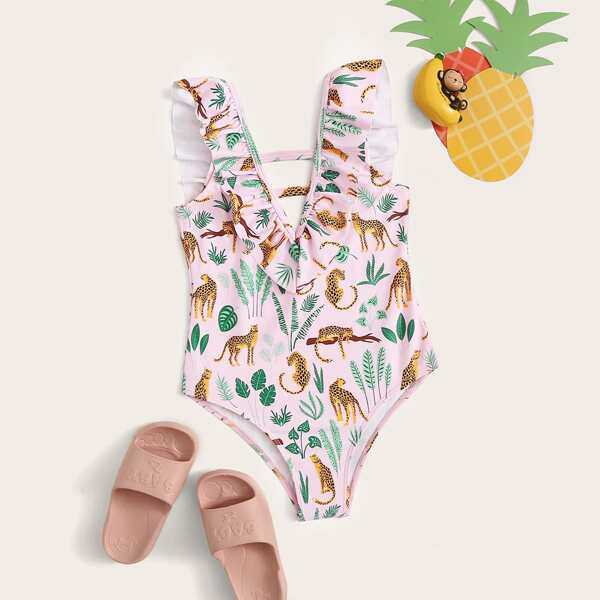 

Girls Random Animal Print Ruffle One Piece Swimwear