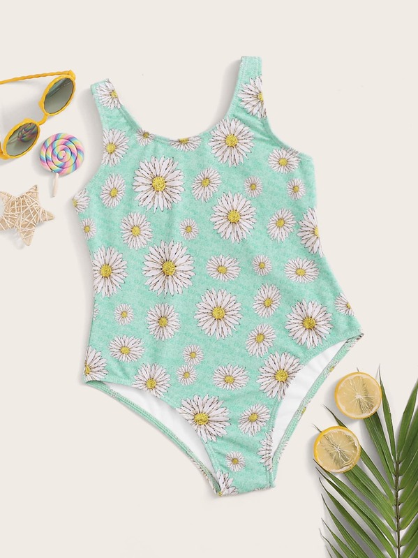 

Girls Random Daisy Print One Piece Swimwear, Green