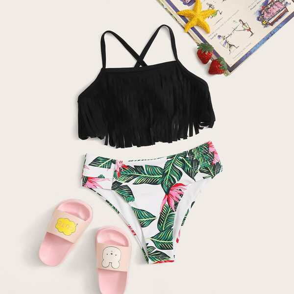 

Girls Fringe Top With Random Jungle Print Bikini