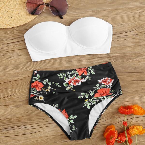 

Push-up Bustier Top With Random Floral Bikini Set, Black and white