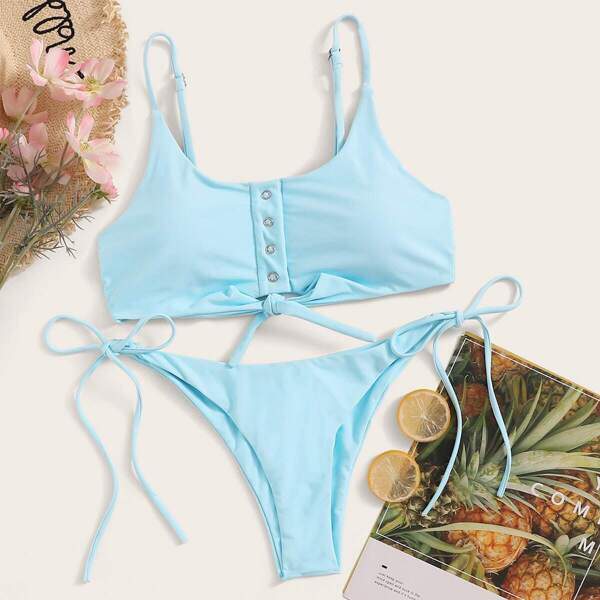 

Snap Button Knot Hem Top With String Bikini Set