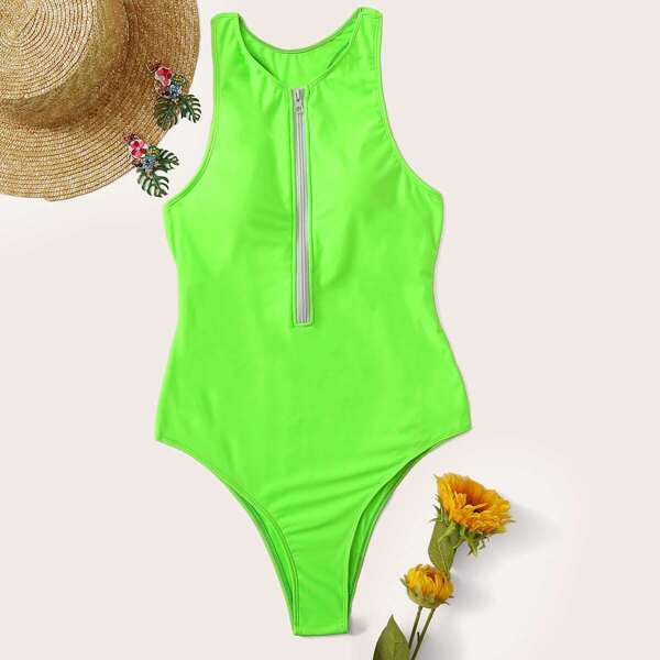 

Neon Green Zipper-up Racerback One Piece Swimsuit