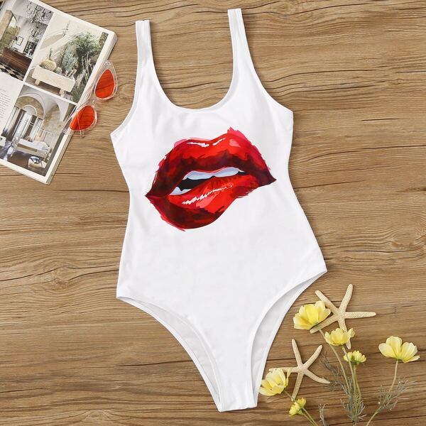 

Biting Lips Print Open Back One Piece Swimsuit