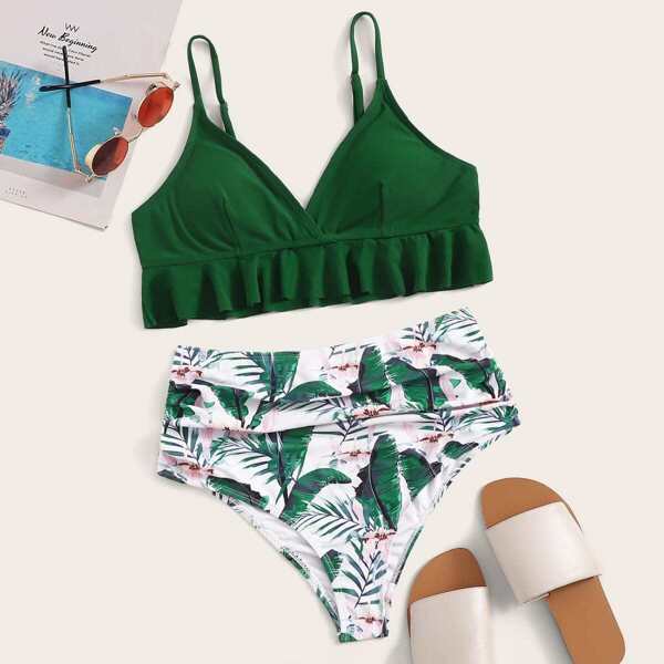 

Ruffle Hem Surplice Top With Random Tropical Bikini Set