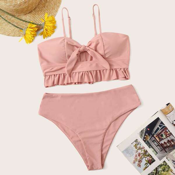 

Ruffle Hem Knot Top With High Waisted Bikini Set, Pastel dusty pink