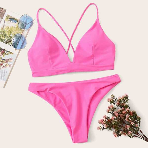 

Crisscross Tie Back Top With Panty Bikini Set