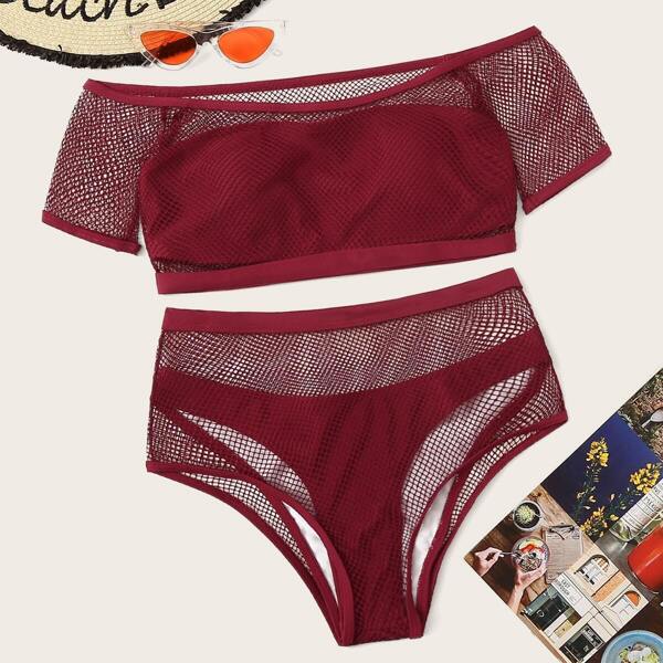 

Fishnet Overlay Short Sleeve Bardot Bikini Set 4pack