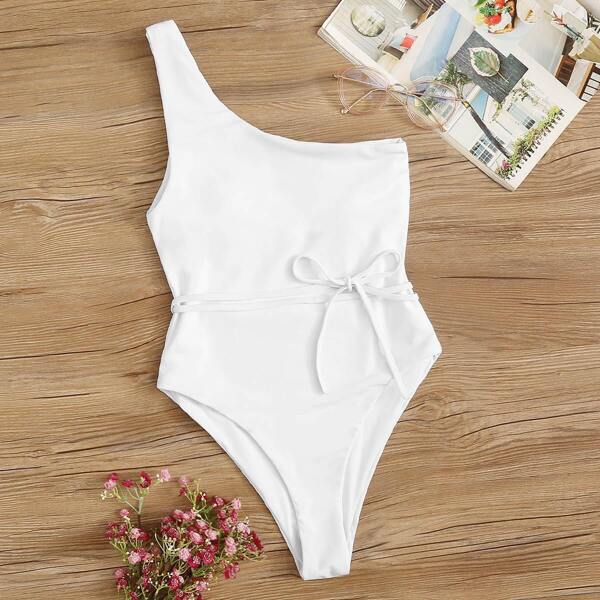 

One Shoulder Belted One Piece Swimsuit