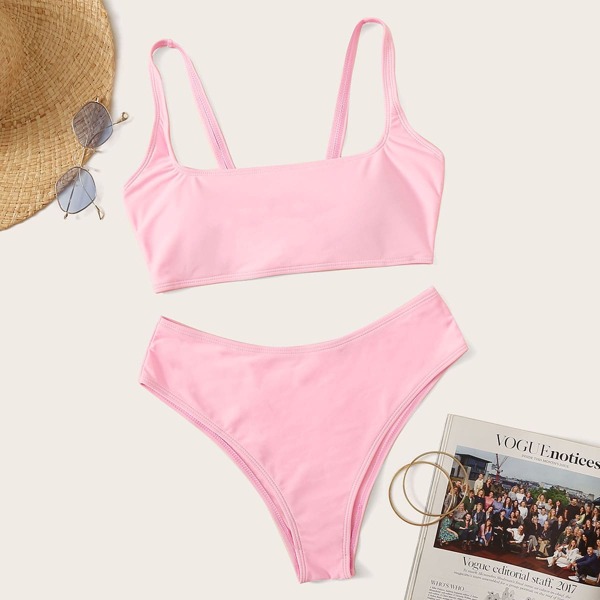 

Scoop Neck Top With High Waisted Bikini Set, Baby pink