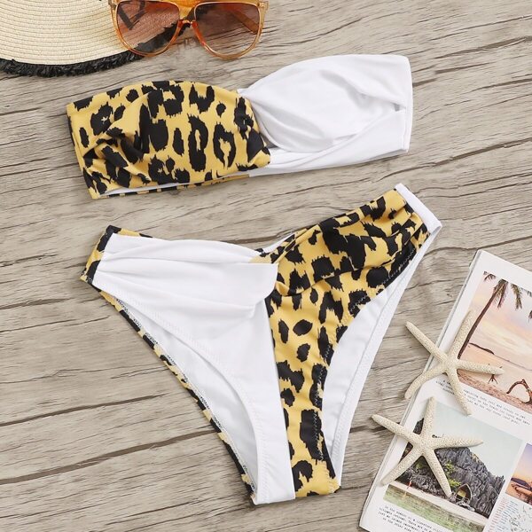 

Contrast Leopard Twist Bandeau Bikini Set