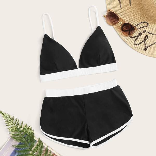 

Contrast Trim Seam Top With Shorts Bikini