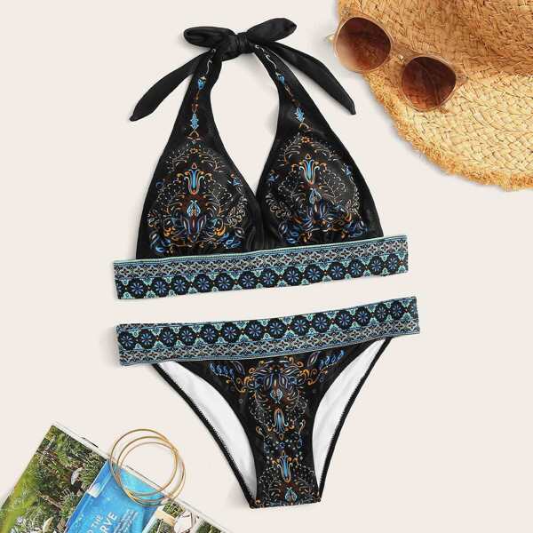 

Tribal Print Halter Bikini Set, Multicolor