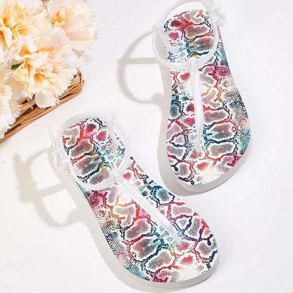 

Snakeskin Print Toe Post Ankle Strap Slippers, Multicolor