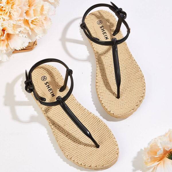 

Plaited Detail Toe Post Slippers, Black