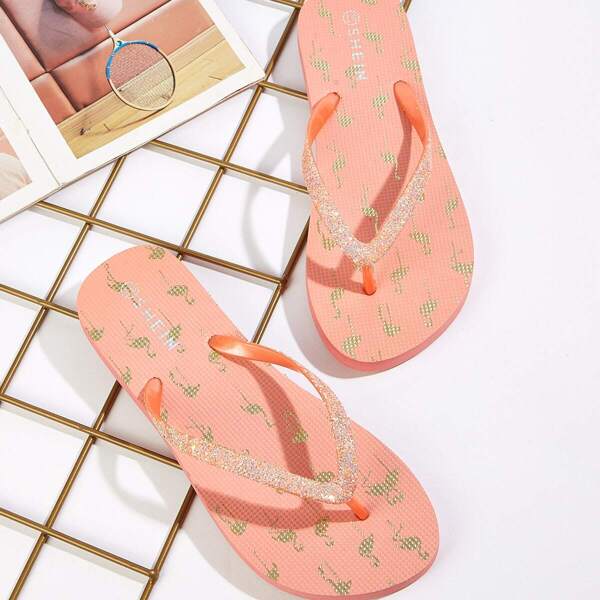 

Flamingo Print Toe Post Slippers, Pink