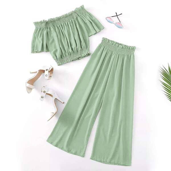 

Plus Off-shoulder Shirred Blouse & Pants, Green