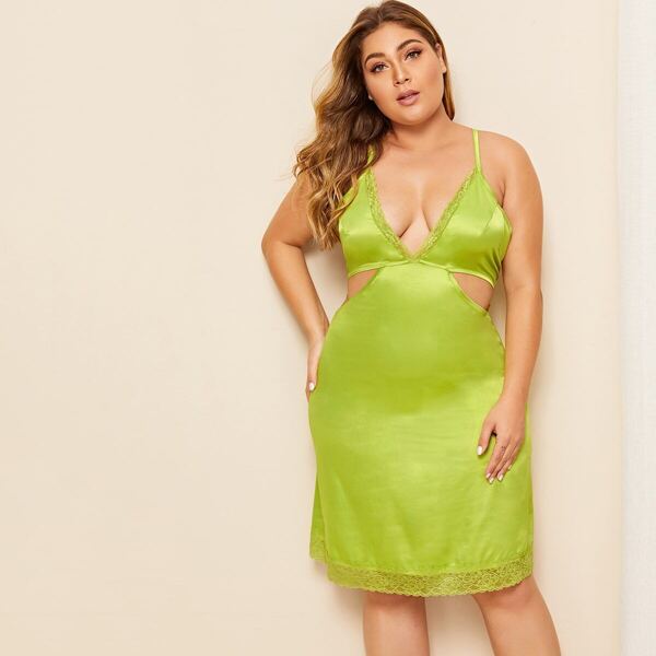 

Plus Neon Lime Lace Trim Cutout Satin Slips