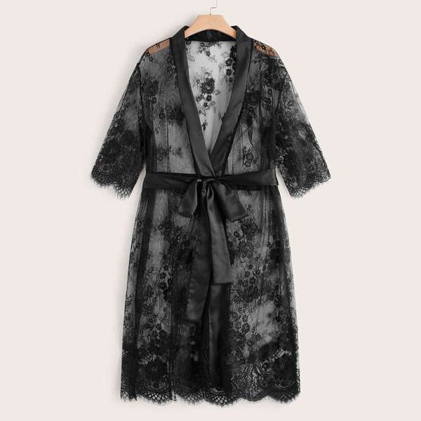 

Plus Eyelash Floral Lace Sheer Robe With Belt