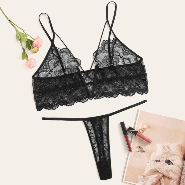 

Plus Floral Lace Sheer Teddy Lingerie Set, Black