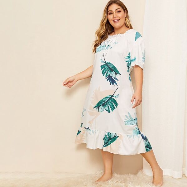 

Plus Tropical Print Crochet Trim Ruffle Dress, White