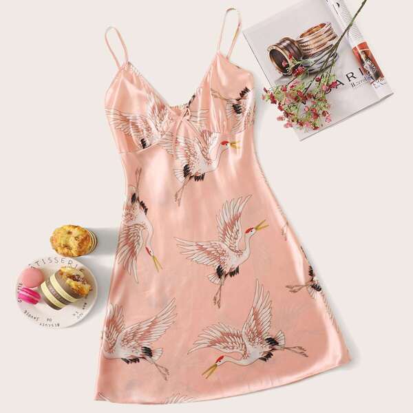 

Crane Print Satin Cami Dress, Coral pink