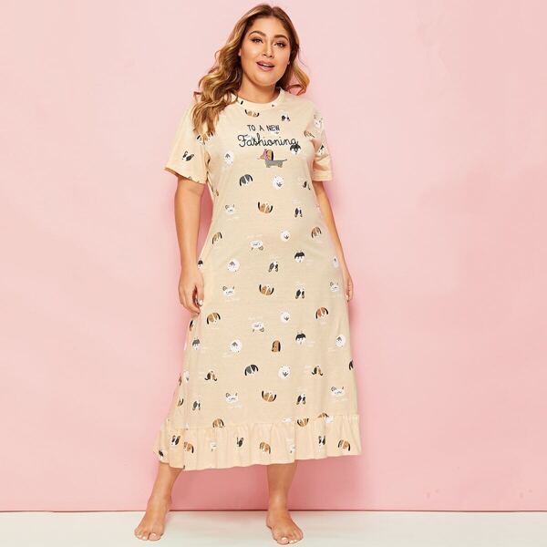 

Plus Cartoon & Letter Print Ruffle Night Dress