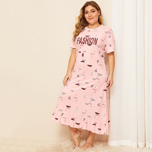 

Plus Flamingo & Letter Print Ruffle Night Dress