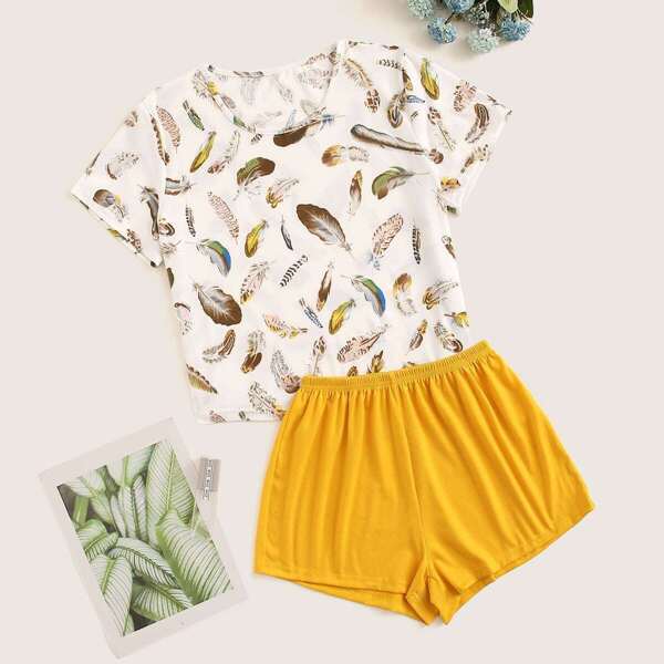 

Feather Print Top & Shorts PJ Set, Multicolor