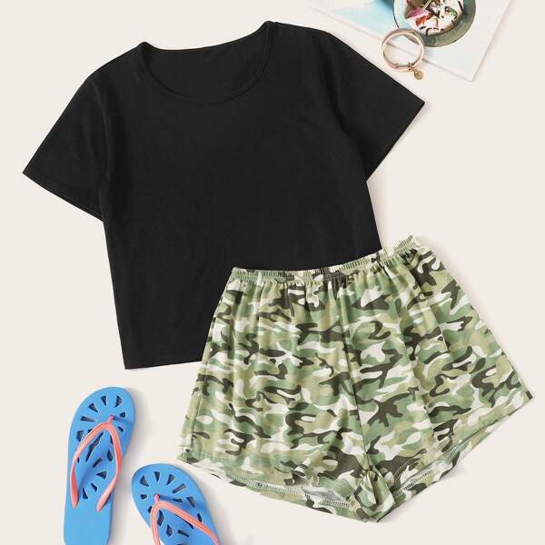 

Solid Top & Camo Shorts PJ Set, Multicolor