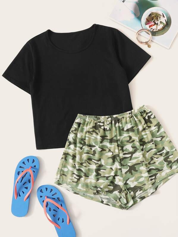 

Solid Top & Camo Shorts PJ Set, Multicolor