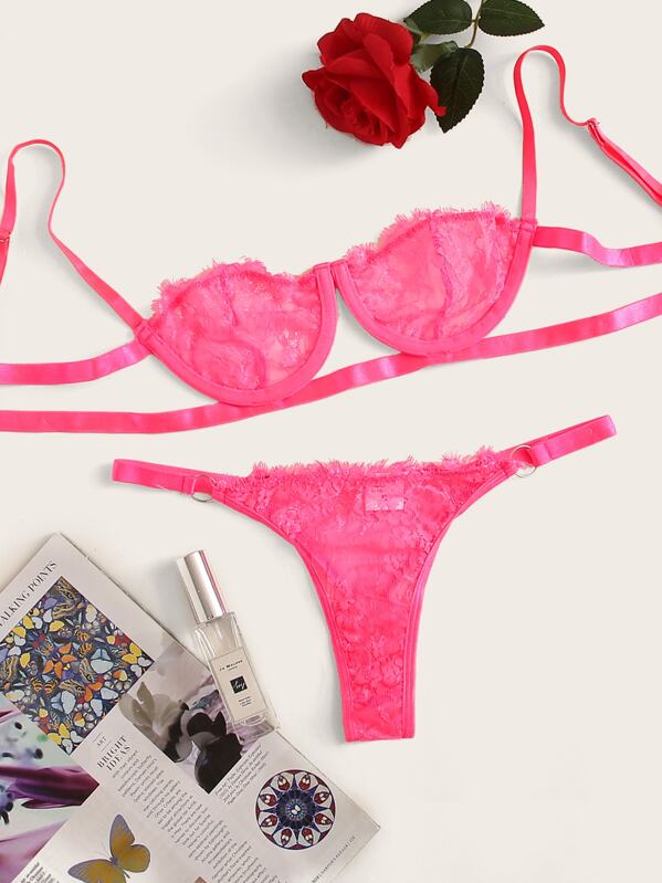

Neon Pink Floral Lace Lingerie Set