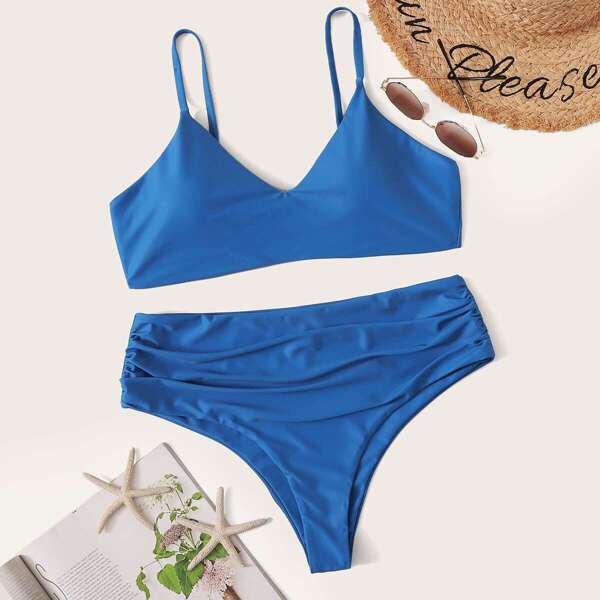 

Plus Spaghetti Strap Top With Ruched Bikini Set, Blue