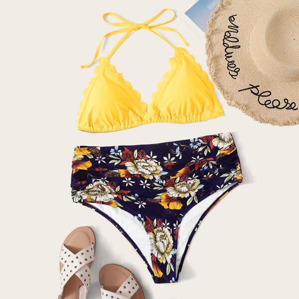 

Plus Scalloped Trim Halter Top With Floral Bikini, Multicolor