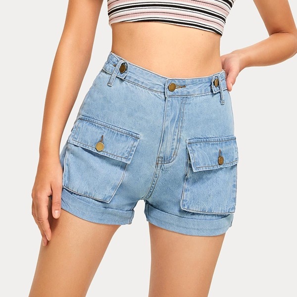 

Roll Hem Pocket Side Denim Cargo Shorts, Blue