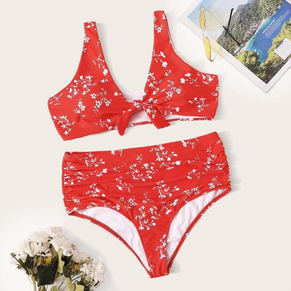 

Plus Ditsy Floral Knot Front Top With Ruched Bikini, Red