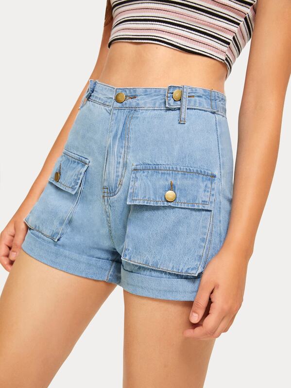 

Roll Hem Pocket Side Denim Cargo Shorts, Blue, Inna