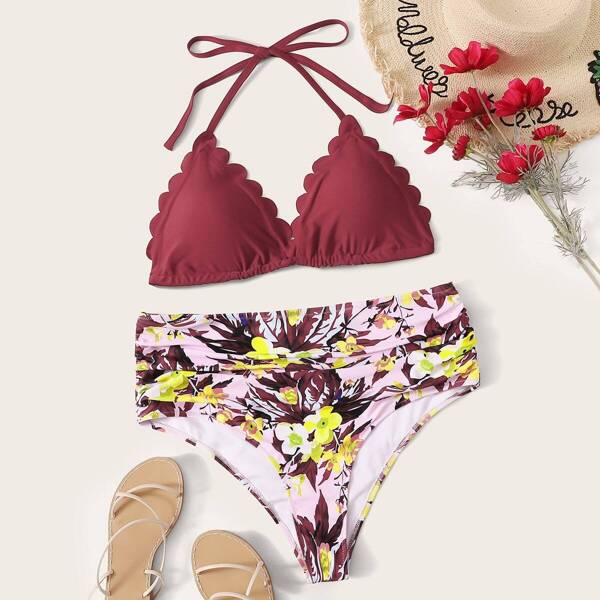 

Plus Scalloped Trim Halter Top With Floral Bikini, Multicolor