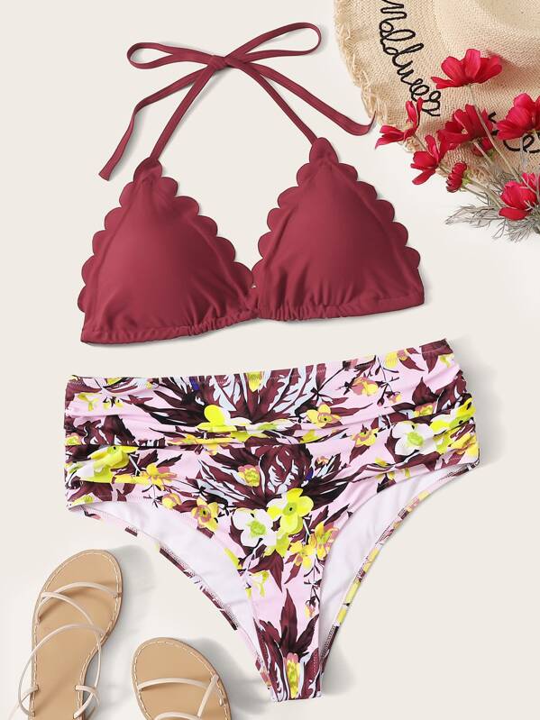 

Plus Scalloped Trim Halter Top With Floral Bikini, Multicolor