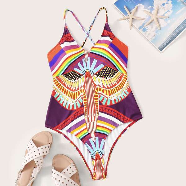 

Plus Mixed Print Crisscross One Piece Swimsuit, Multicolor