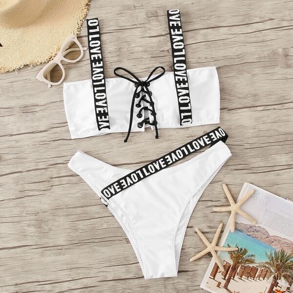 

Plus Letter Tape Lace-up Top With High Leg Bikini