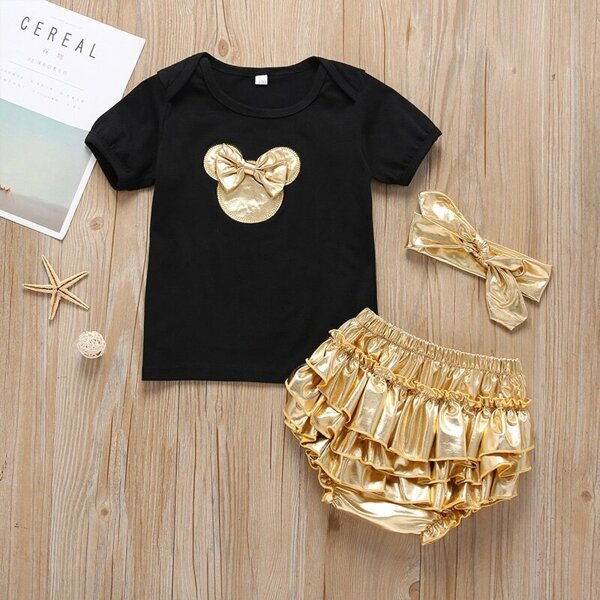 

Toddler Girls Bow Tee & Metallic Ruffle Skirt & Headband