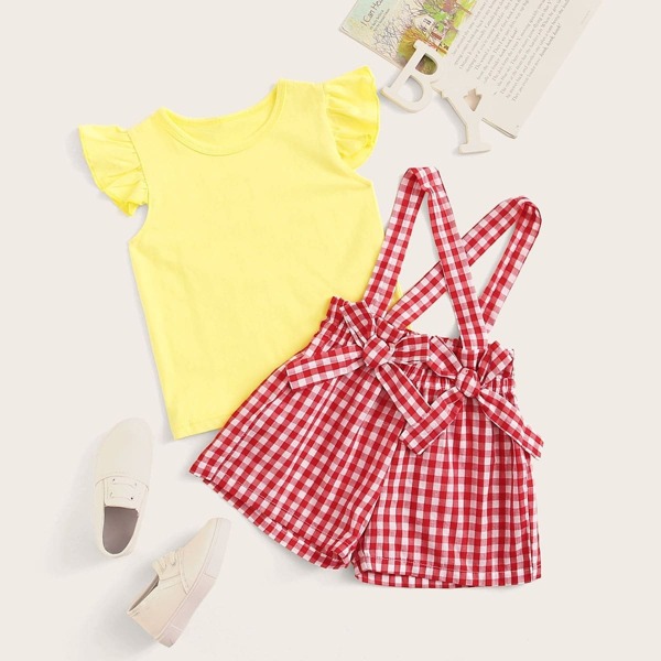 

Toddler Girls Ruffle Tee With Gingham Overalls